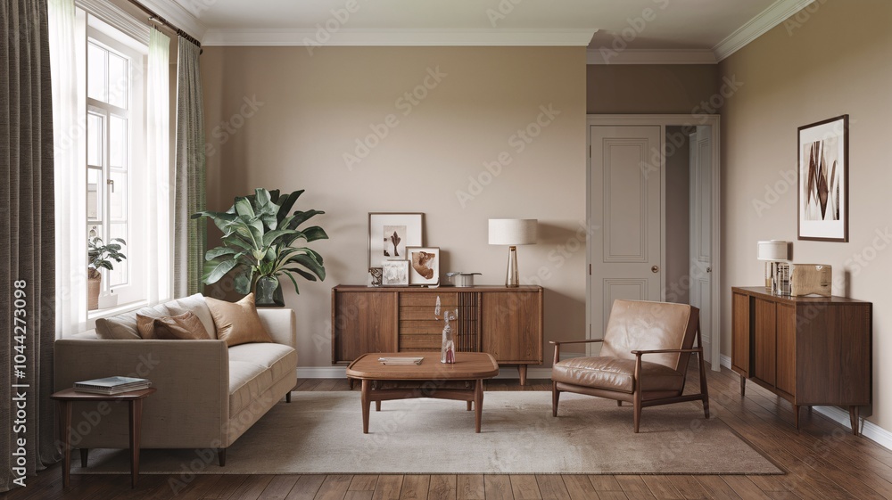 Fototapeta premium Classic Vintage A modern living room with a couch, armchair, coffee table, side table, and two cabinets.