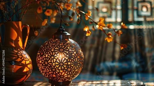 Capture the magic of storytelling through light by focusing on a close-up shot of a lampshade with intricate designs inspired by diverse cultures Showcase how the play of light creates
