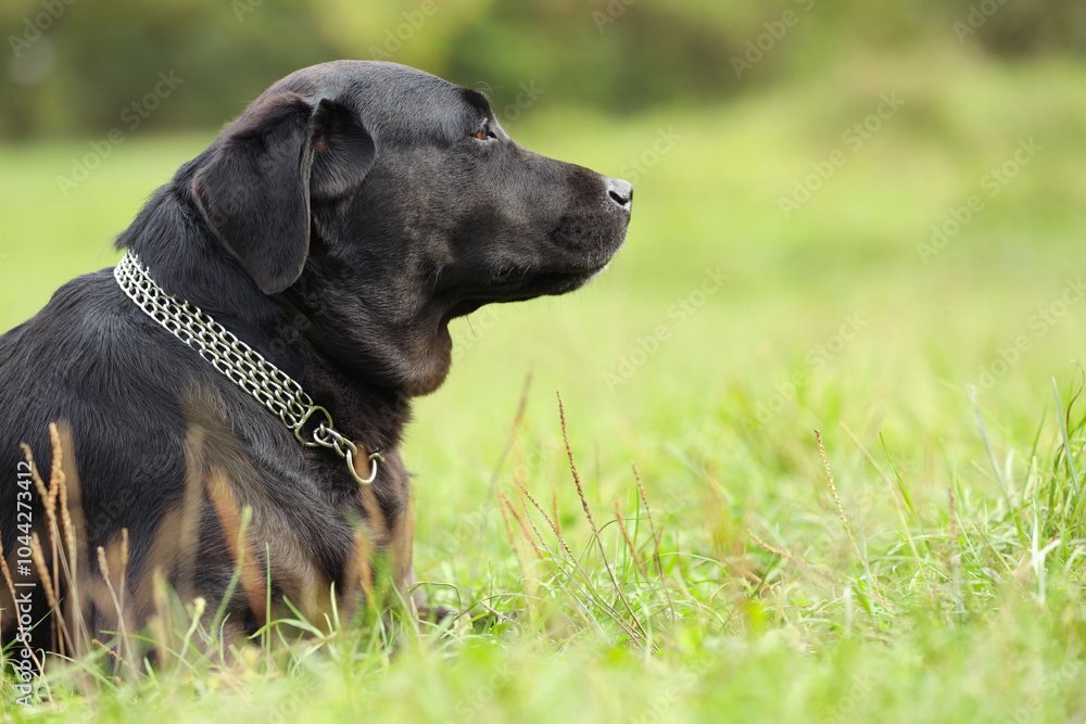 Adorable Labrador Retriever dog on green grass. Space for text Adorable Labrador Retriever dog on green grass. Space for text