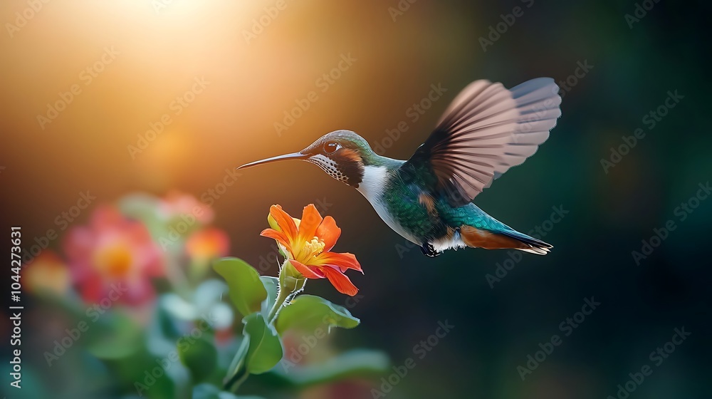 Obraz premium A hummingbird's wings in motion as it hovers above a flower