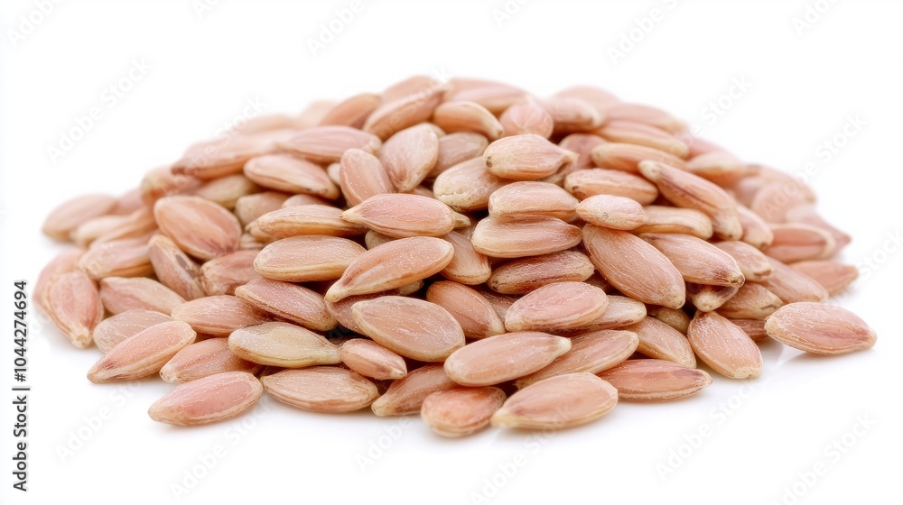 A pile of small, light brown seeds on a white background. A pile of small, light brown seeds on a white background.