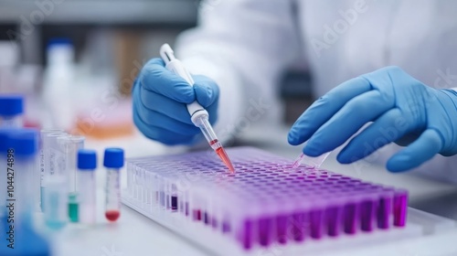 A scientist in blue gloves uses a pipette to transfer liquid from a test tube to a microplate. photo