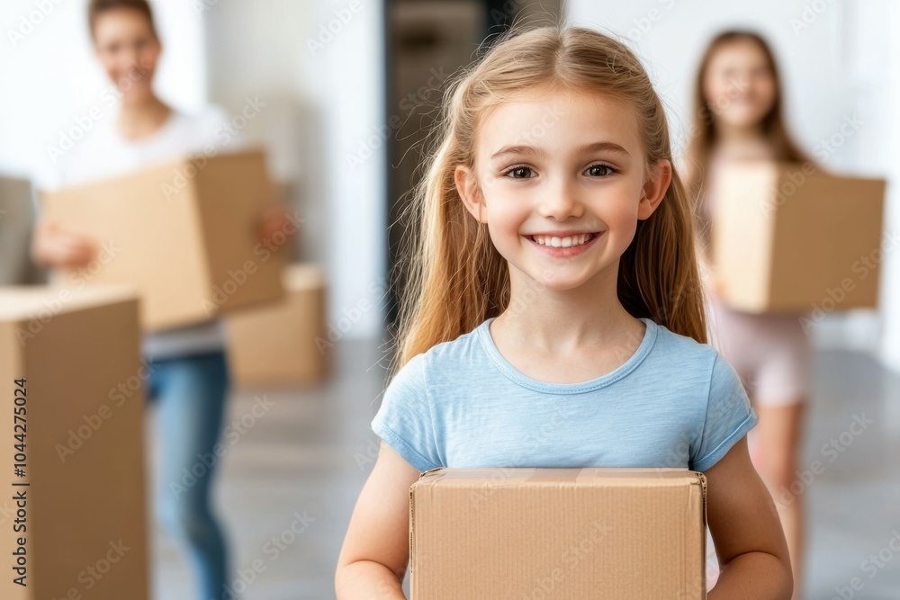 A young girl is smiling and holding a cardboard box A young girl is smiling and holding a cardboard box