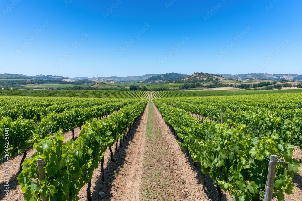 A vineyard with rows of grape vines stretching to the horizon under a blue sky. A vineyard with rows of grape vines stretching to the horizon under a blue sky.