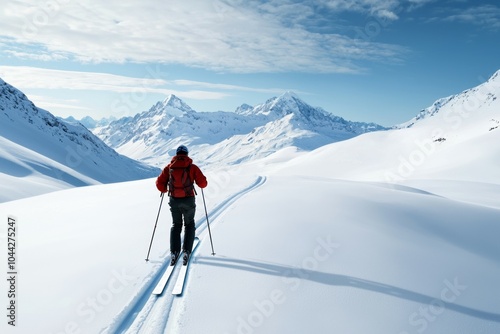 A man in a red jacket is skiing down a snow-covered slope