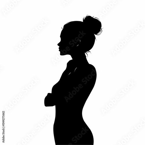 Silhouette of a woman with her arms crossed and hair up.