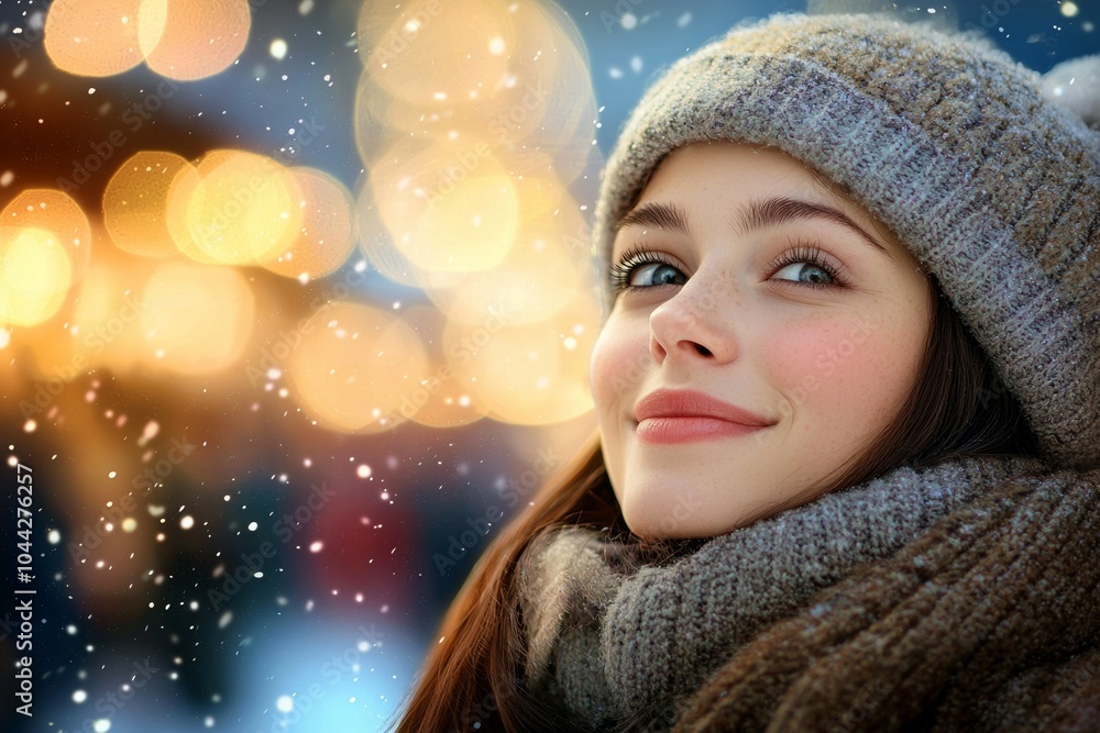 A woman wearing a grey hat and scarf is smiling at the camera A woman wearing a grey hat and scarf is smiling at the camera