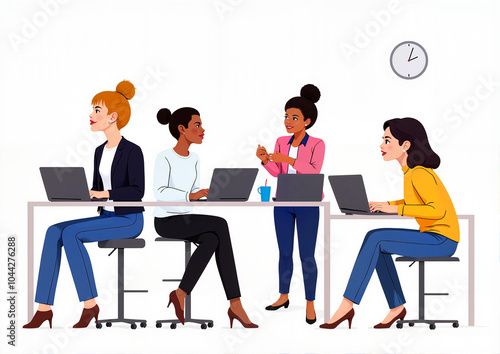 Diverse women collaborating in a modern office with laptops