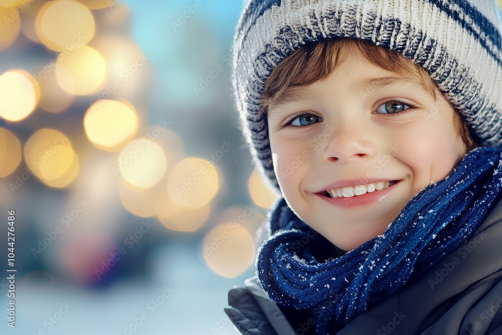 A young boy wearing a blue hat and scarf is smiling and looking at the camera A young boy wearing a blue hat and scarf is smiling and looking at the camera