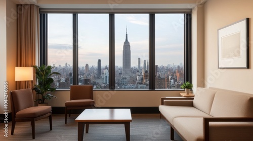 Modern Hotel Lobby with Artistic Touches and City View