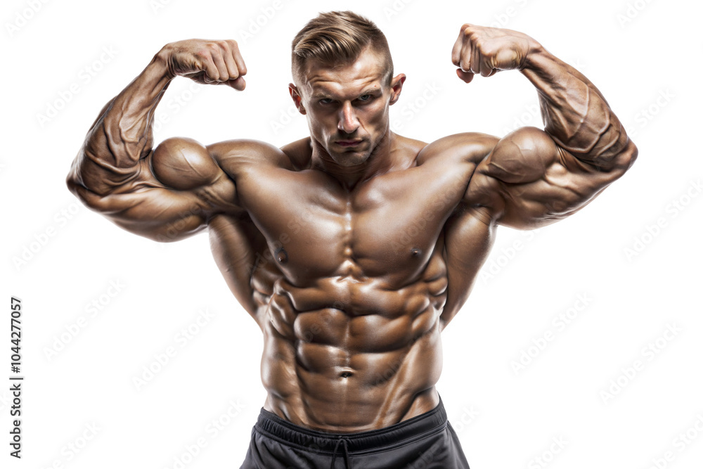 Muscular man flexing arms, showcasing strength and fitness. Muscular man flexing arms, showcasing strength and fitness.