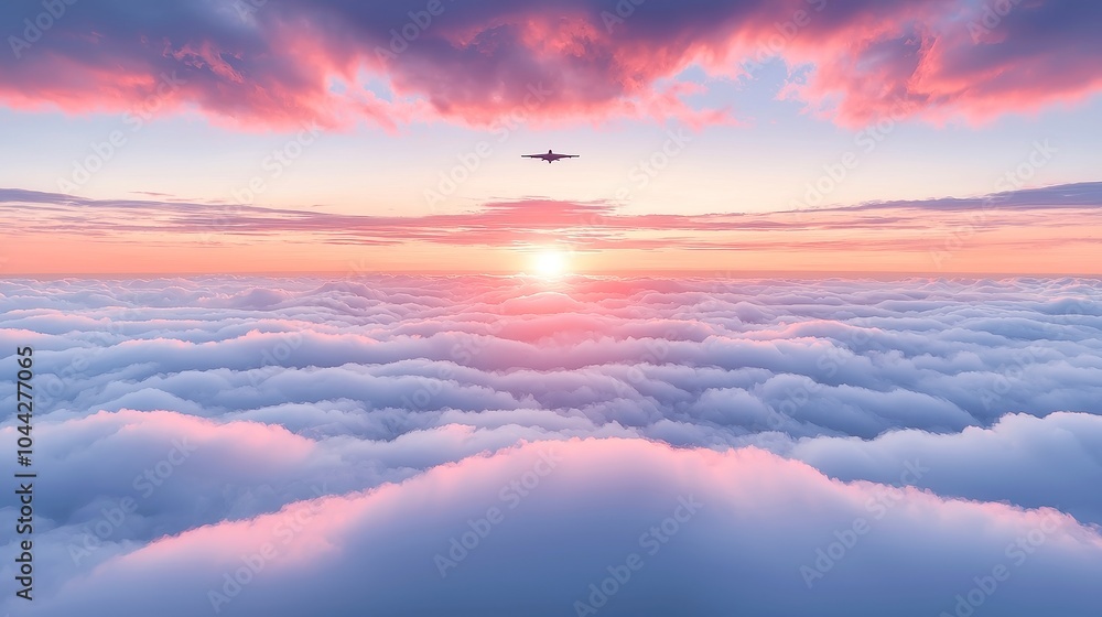 Obraz premium Aerial Serenity at Sunset, captivating view above the clouds, vibrant hues of orange and pink blend seamlessly, evoking a sense of tranquility and boundless freedom.