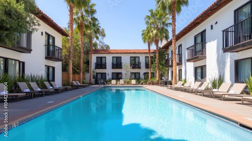 Serene Hotel Pool Area Surrounded by Palm Trees