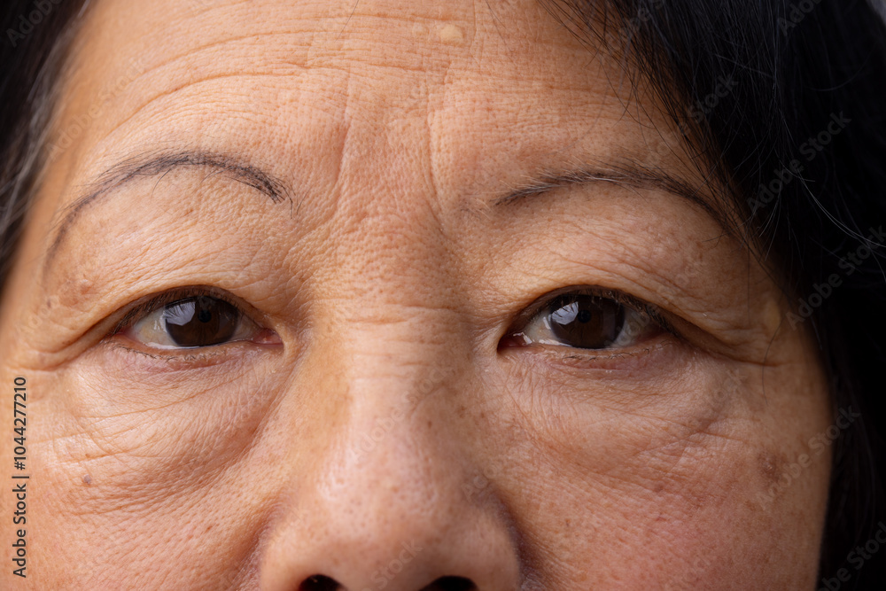 Elderly senior asian woman with wise eyes reflecting years of experience in life, at home Elderly senior asian woman with wise eyes reflecting years of experience in life, at home