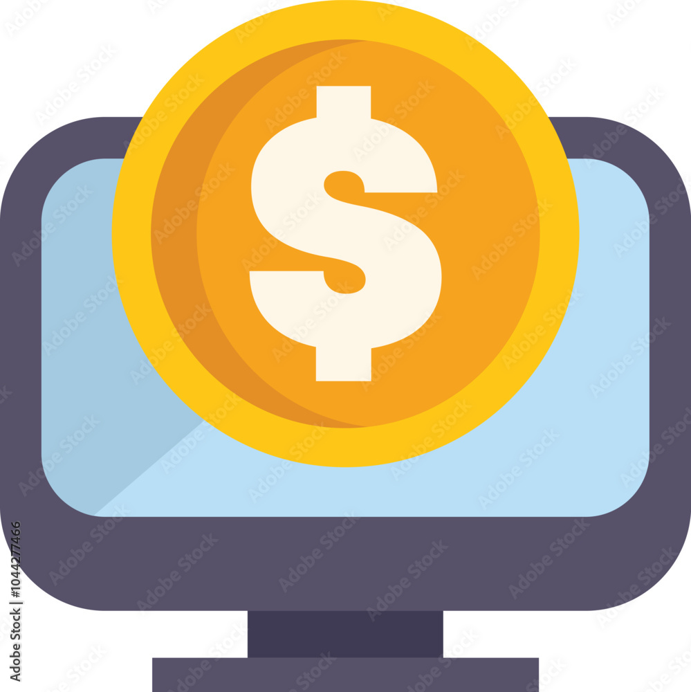 Computer is showing a big golden dollar coin, symbolizing the concept of online earning Computer is showing a big golden dollar coin, symbolizing the concept of online earning