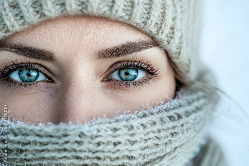 A woman with blue eyes is wearing a white hat and scarf A woman with blue eyes is wearing a white hat and scarf
