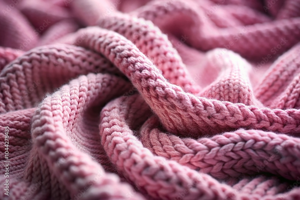 Close-up of Pink Knitwear Fabric Texture in Low Light - Soft, Cozy Aesthetic for Textile Design Close-up of Pink Knitwear Fabric Texture in Low Light - Soft, Cozy Aesthetic for Textile Design