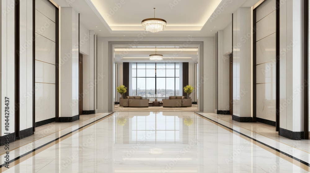 Obraz premium Elegant Hotel Lobby with Marble Flooring and Chandeliers