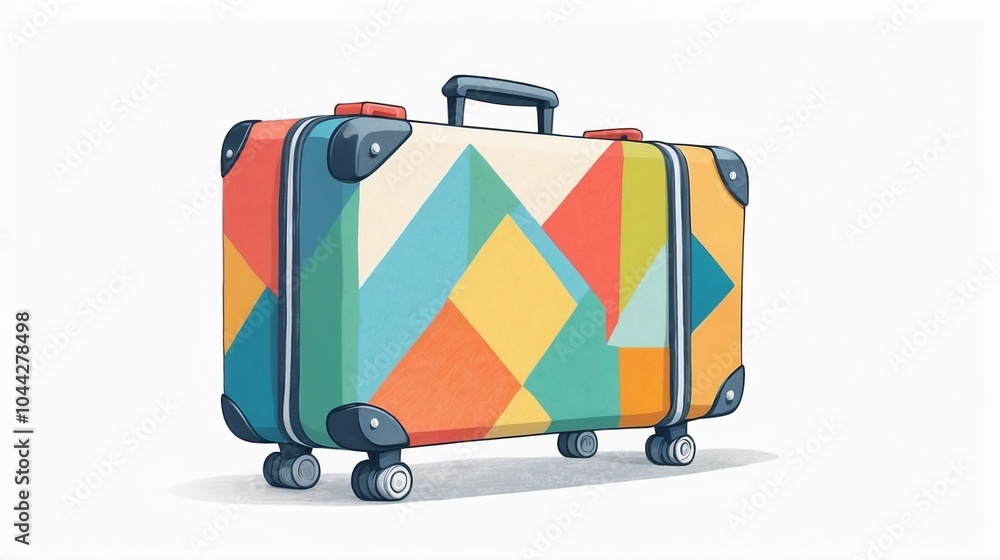 Colorful geometric patterned suitcase with wheels on a bright background showcasing travel concept Colorful geometric patterned suitcase with wheels on a bright background showcasing travel concept