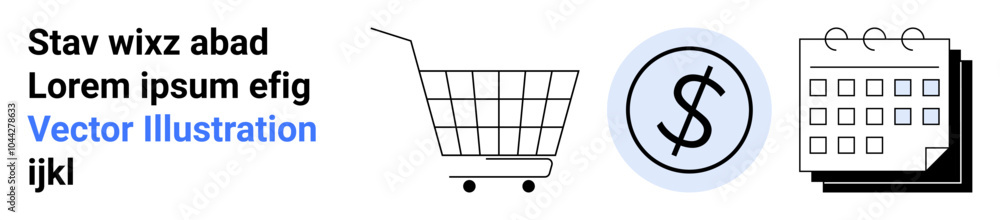 Shopping cart icon next to currency symbol and calendar grid with notes. Ideal for online shopping, financial planning, budget management, scheduling, e-commerce. Banner for landing page Shopping cart icon next to currency symbol and calendar grid with notes. Ideal for online shopping, financial planning, budget management, scheduling, e-commerce. Banner for landing page