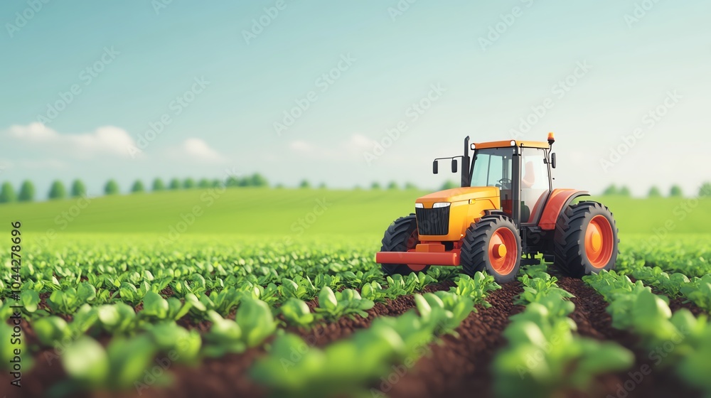 A vibrant field showcases a tractor working among rows of healthy crops under a clear blue sky. A vibrant field showcases a tractor working among rows of healthy crops under a clear blue sky.