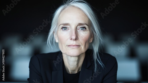 Portrait of a confident mature woman with gray hair, looking directly at the camera. photo