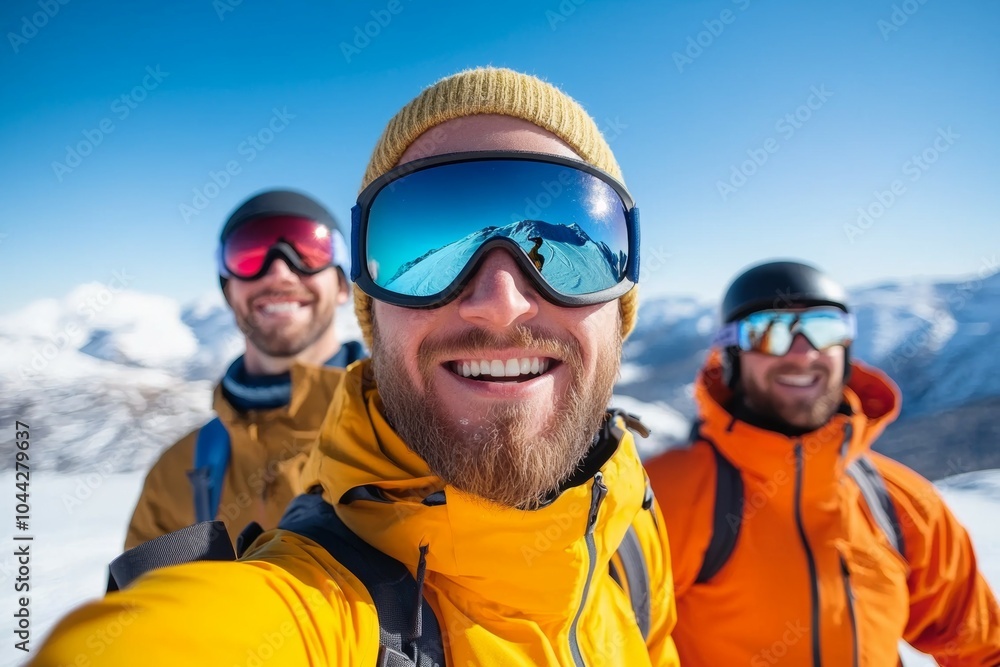 Three men wearing goggles and smiling for a picture Three men wearing goggles and smiling for a picture