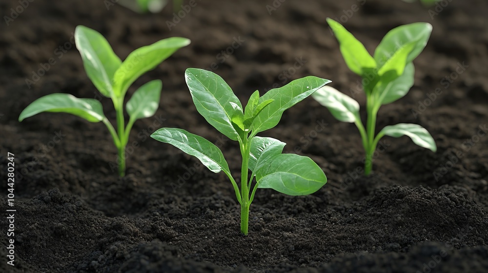 Three green seedlings growing in fertile soil. Three green seedlings growing in fertile soil.