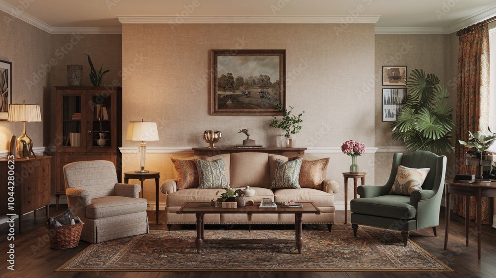 Fototapeta premium Classic Vintage A cozy living room with a sofa, chairs, and a coffee table.