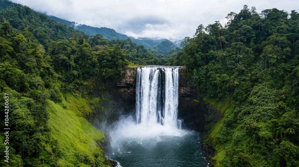 Majestic Waterfall In Dense Forest Landscape Majestic Waterfall In Dense Forest Landscape