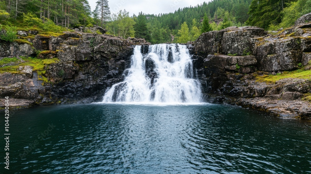 Obraz premium Serene Waterfall Cascading Down Rocky Cliff