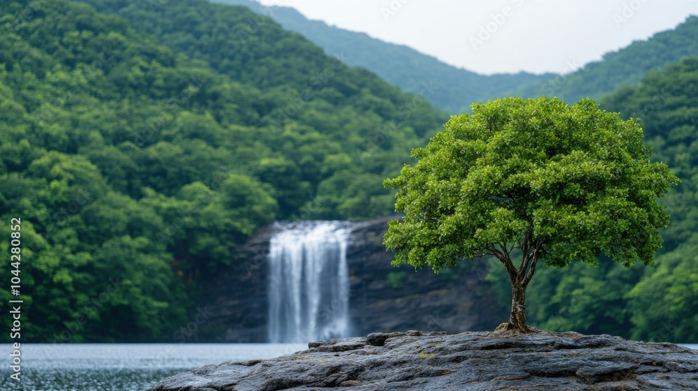Fototapeta premium Remote Waterfall Cascading Down Rocky Cliff