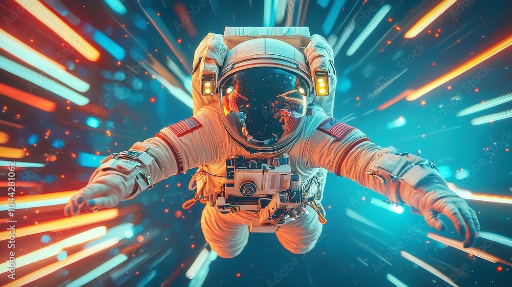 Obraz premium Astronaut Adventure Through Cosmic Realms, a daring journey of an astronaut in a spacesuit soaring through the vastness of space, exploring the wonders of time and universe.