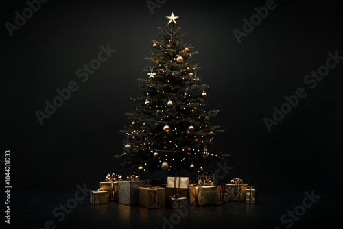 Minimalist Christmas Tree with Golden Gifts on Dark Background Banner for Party or New Year with Copy Space