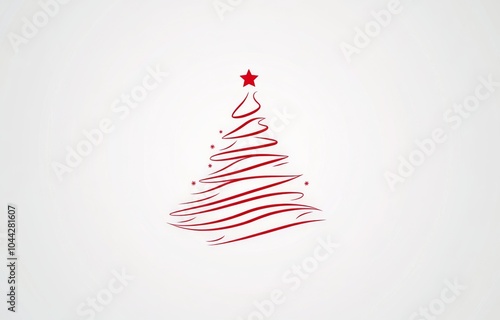 Clean Line Art Christmas Tree Logo with Red Lines and Small Stars on Pure White Background - Clipart Style