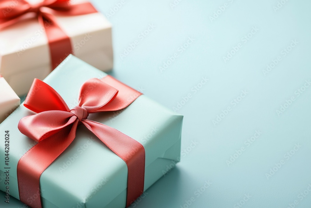 Two presents with red bows on them are on a blue background Two presents with red bows on them are on a blue background