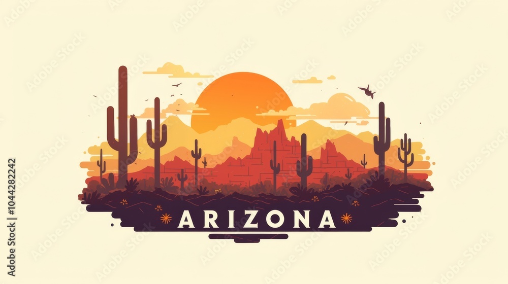 Elegant Arizona Logo Design Featuring Desert Scene with Cacti and Sun Elegant Arizona Logo Design Featuring Desert Scene with Cacti and Sun