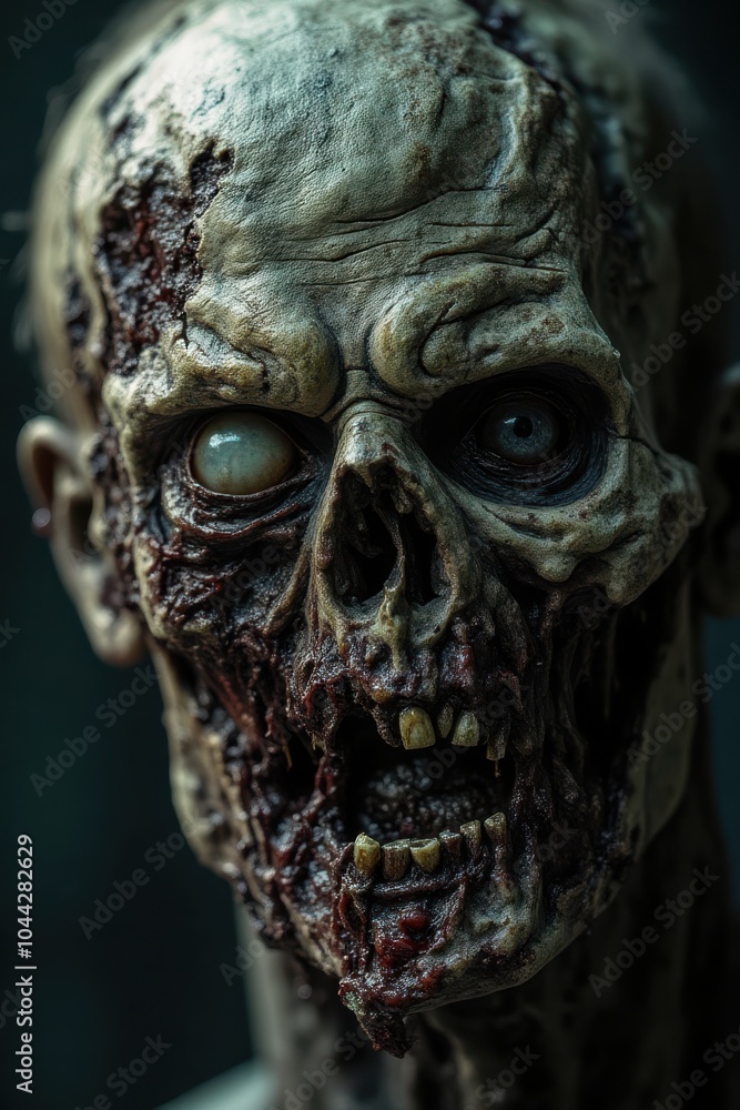 Close-up of Terrifying Zombie with Rotting Flesh and Hollow Eyes in Dark, Gruesome Halloween Horror Portrait, Creepy Undead Creature with Decayed Skin, Teeth, and Disturbing Details Close-up of Terrifying Zombie with Rotting Flesh and Hollow Eyes in Dark, Gruesome Halloween Horror Portrait, Creepy Undead Creature with Decayed Skin, Teeth, and Disturbing Details