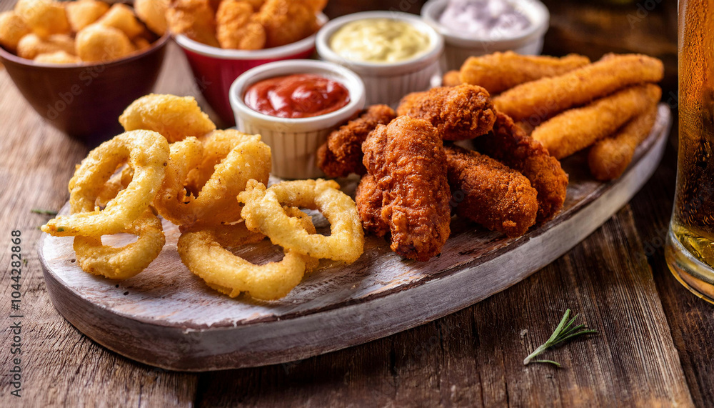 Assorted Beer Snacks; Fried fish nuggets, calamari, chicken buffalo wings, onions rings with sauces and mayonnaise on wooden board Assorted Beer Snacks; Fried fish nuggets, calamari, chicken buffalo wings, onions rings with sauces and mayonnaise on wooden board