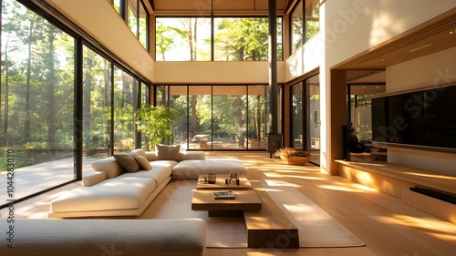 Villa in Karuizawa, Japan, modern and relaxed living room with natural materials, high quality, realistic, extreme-detail photo