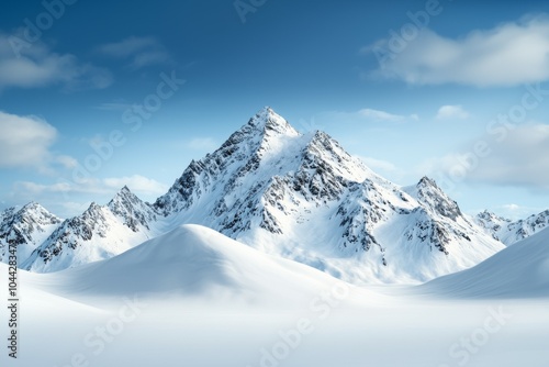 A mountain range covered in snow with a clear blue sky in the background