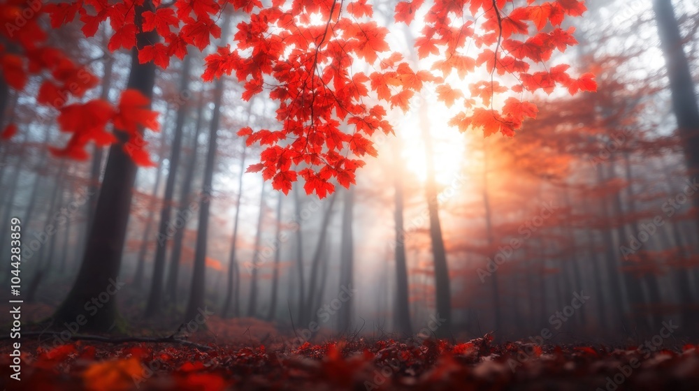 Fototapeta premium Sunlight breaks through the branches of a misty autumn forest, with bright red leaves and fallen foliage on the ground.