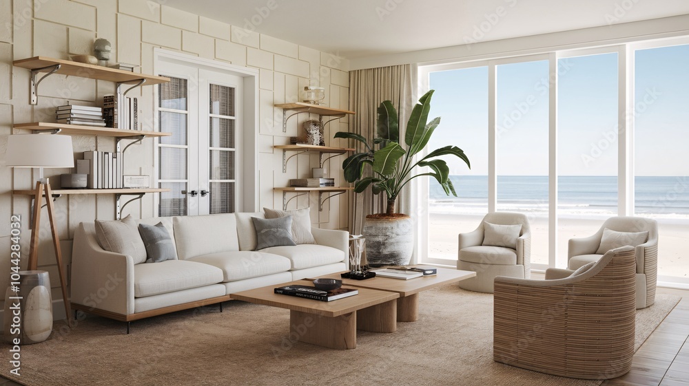 Fototapeta premium Coastal Beach A contemporary living room with a large window showcasing a stunning ocean view. The room is decorated with light wood furniture, white walls, and a large plant.