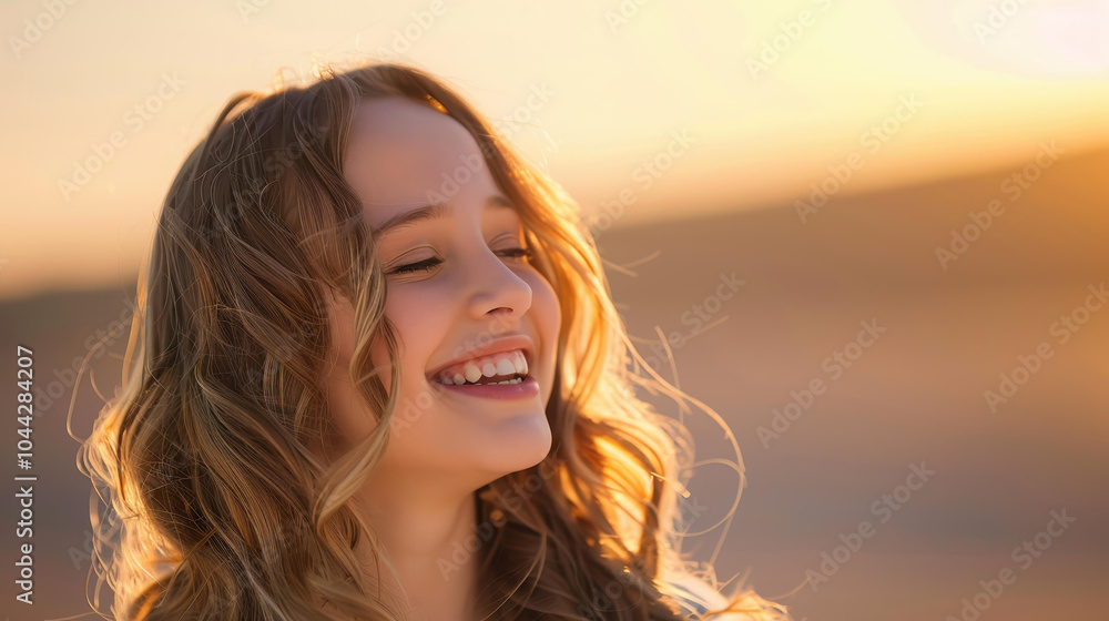 A young woman stands against a stunning sunset backdrop in the desert, bathed in warm golden light. A young woman stands against a stunning sunset backdrop in the desert, bathed in warm golden light.
