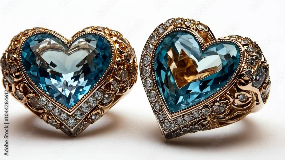 Two heart-shaped blue topaz rings, set in gold and surrounded by diamonds, shine brightly on a white background Two heart-shaped blue topaz rings, set in gold and surrounded by diamonds, shine brightly on a white background