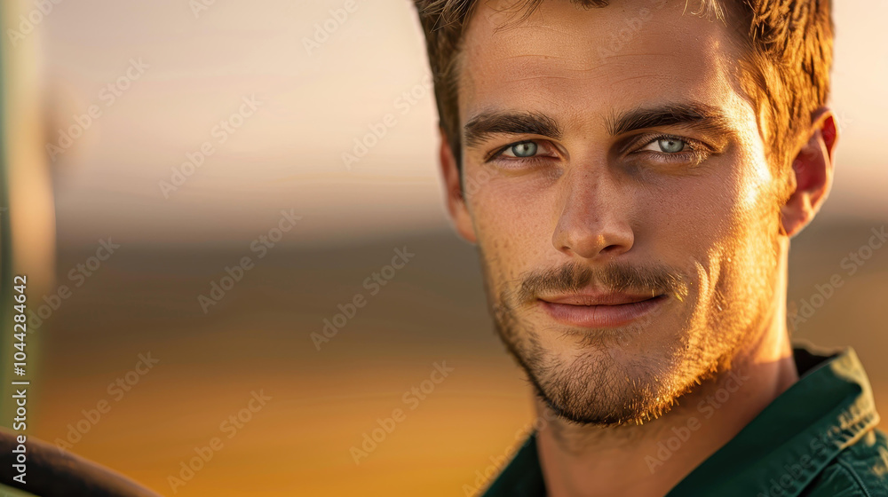 Young farmer stands proudly by his tractor in a sunlit summer field, showcasing hard work and dedication to the land. Young farmer stands proudly by his tractor in a sunlit summer field, showcasing hard work and dedication to the land.