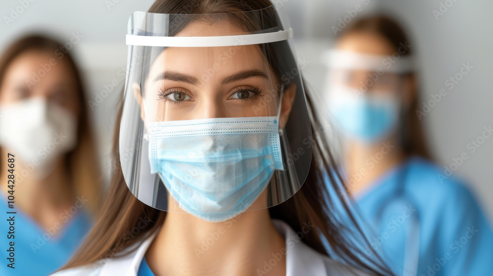 A dedicated nurse in a face shield and mask stands strong, showcasing her teams commitment to healthcare excellence. A dedicated nurse in a face shield and mask stands strong, showcasing her teams commitment to healthcare excellence.