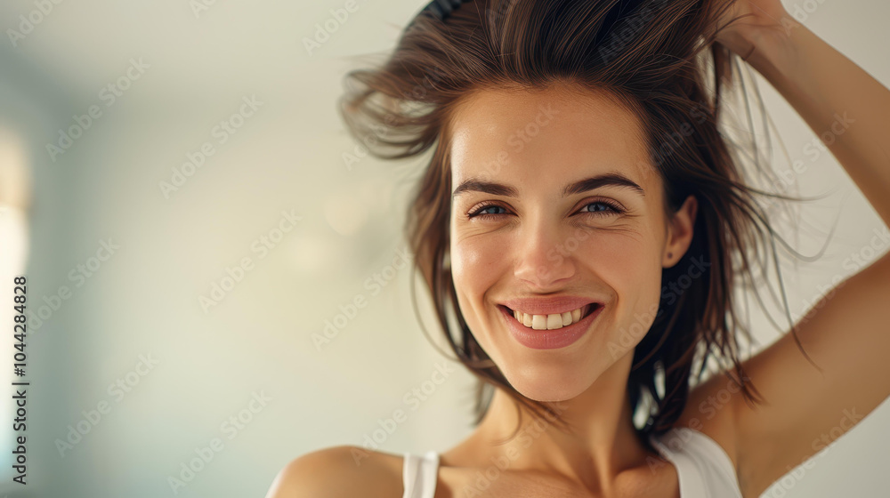 This closeup captures a stunning young woman styling her hair at home with a sleek straightener for a polished look. This closeup captures a stunning young woman styling her hair at home with a sleek straightener for a polished look.