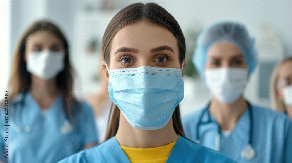 Captivating closeup of a dedicated female EMS worker in PPE, proudly showcasing her strength amidst healthcare colleagues. Captivating closeup of a dedicated female EMS worker in PPE, proudly showcasing her strength amidst healthcare colleagues.