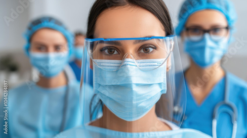 Captivating closeup of a dedicated female EMS worker in PPE, proudly showcasing her strength amidst healthcare colleagues.